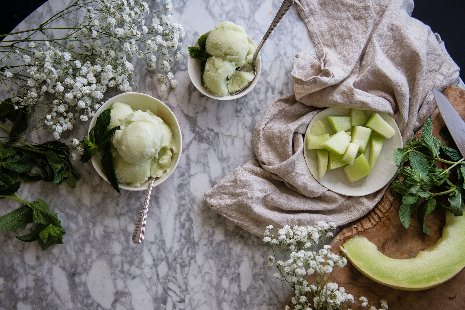 An overhead shot of green melon ice cream in bowls next to sliced melons.