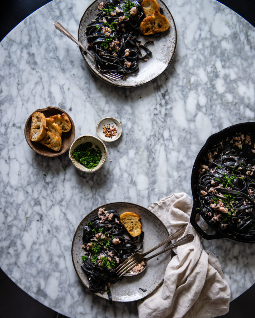 squid ink pasta aglio e olio - Two Red Bowls