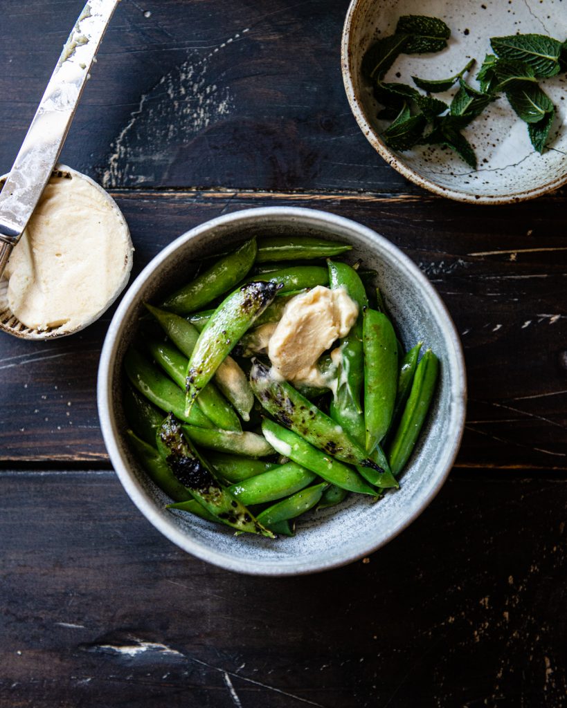 Charred Sugar Snap Peas with Burrata and Mint