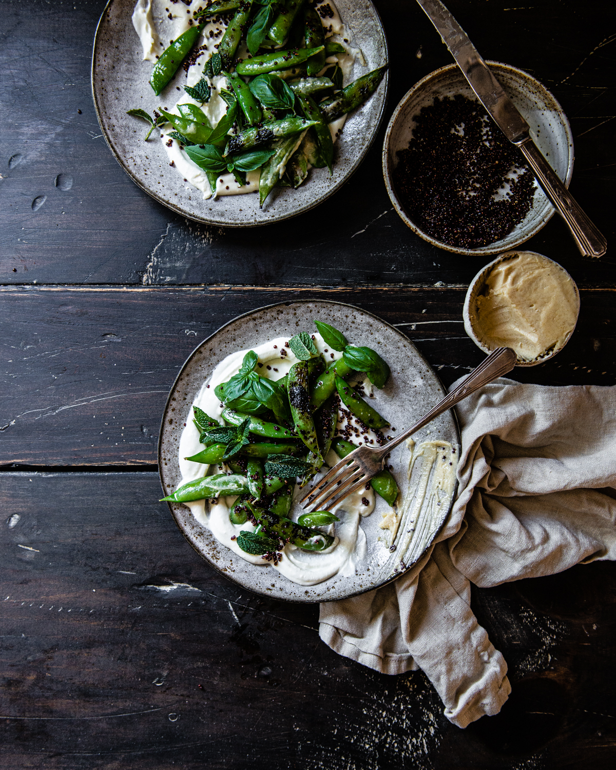 blistered sugar snaps with crispy quinoa, miso honey butter, and ...